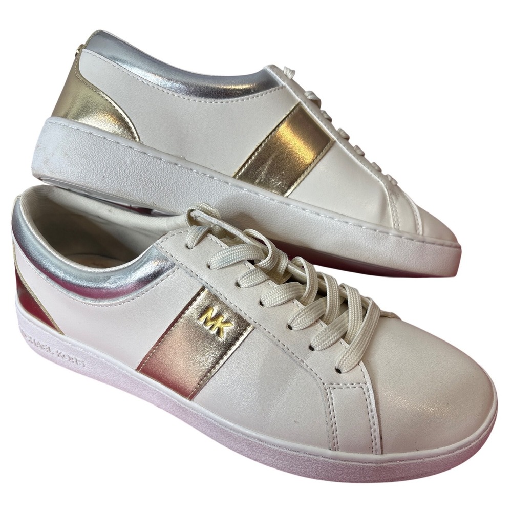 Michael Kors Womens White Gold‎ Metallic Stripe Lace Up Sneakers Sz 8.5 Luxe